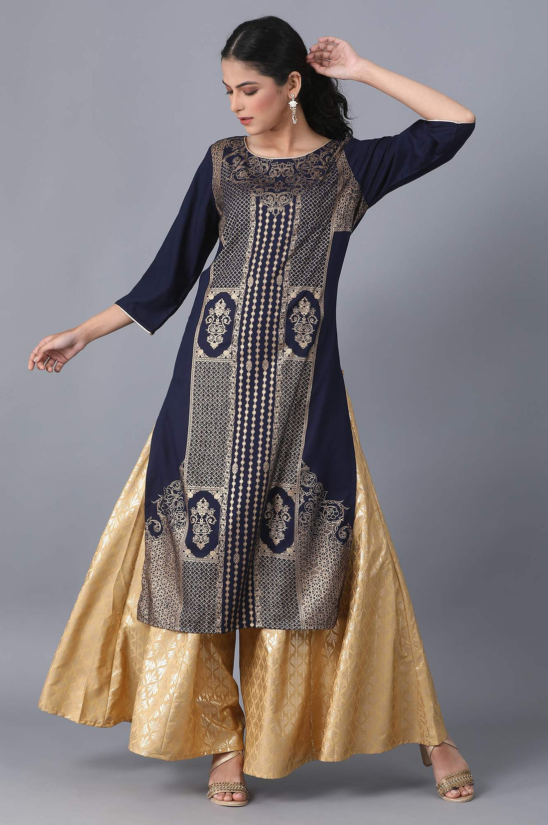 Gold Floral Printed Flared Silk Skirt With Elasticated Waist