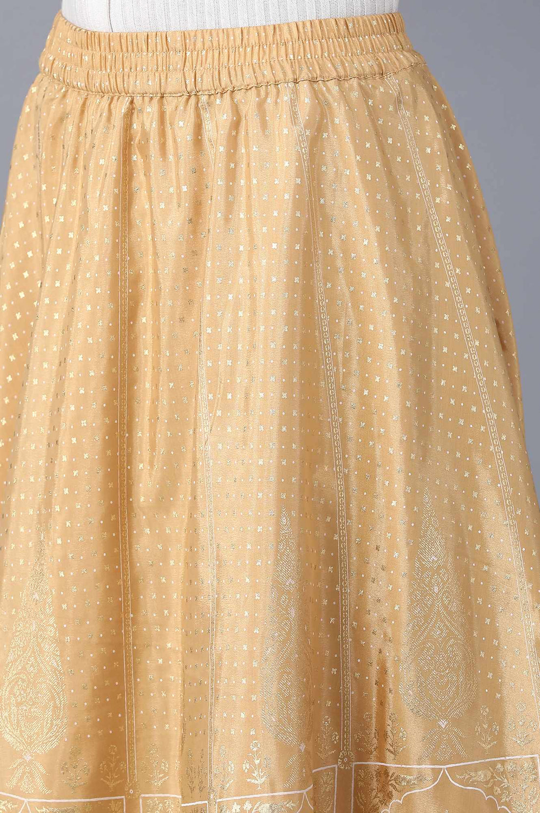 Gold Floral Printed Flared Silk Skirt With Elasticated Waist