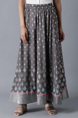 Grey Floral Printed Flared Woven Skirt With Elasticated Waist