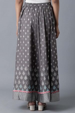 Grey Floral Print Flared Skirt