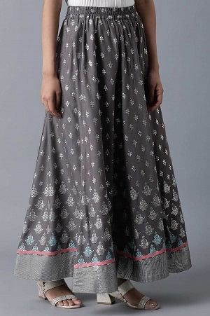 Grey Floral Print Flared Skirt