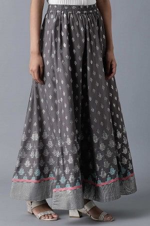 Grey Floral Printed Flared Woven Skirt With Elasticated Waist