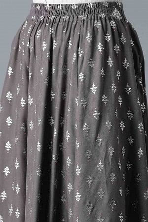 Grey Floral Printed Flared Woven Skirt With Elasticated Waist