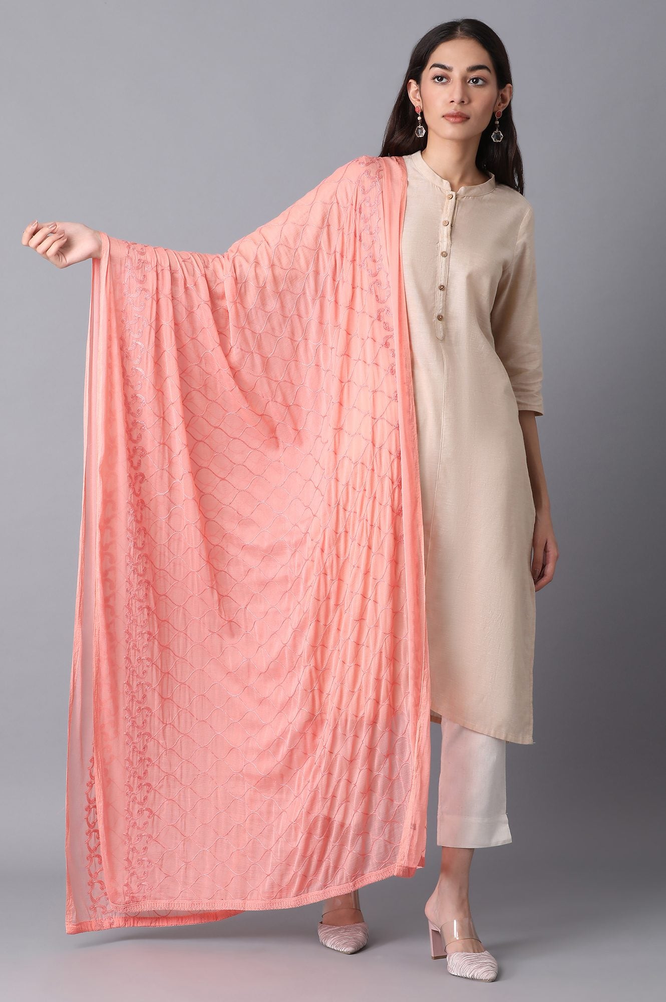 Dark Peach Embroidered Dupatta