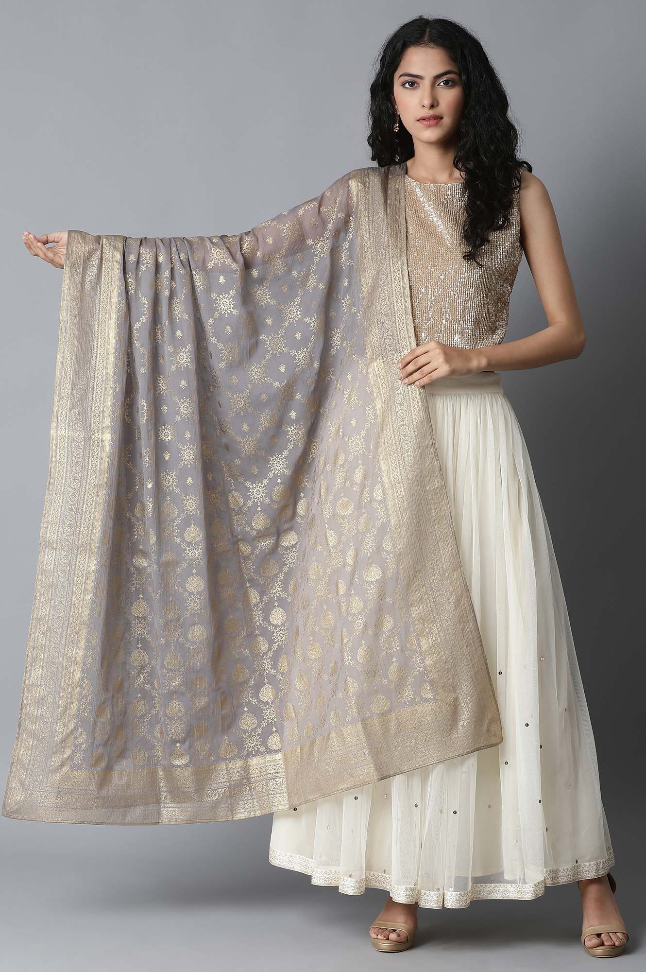 Grey Printed Chiffon Dupatta