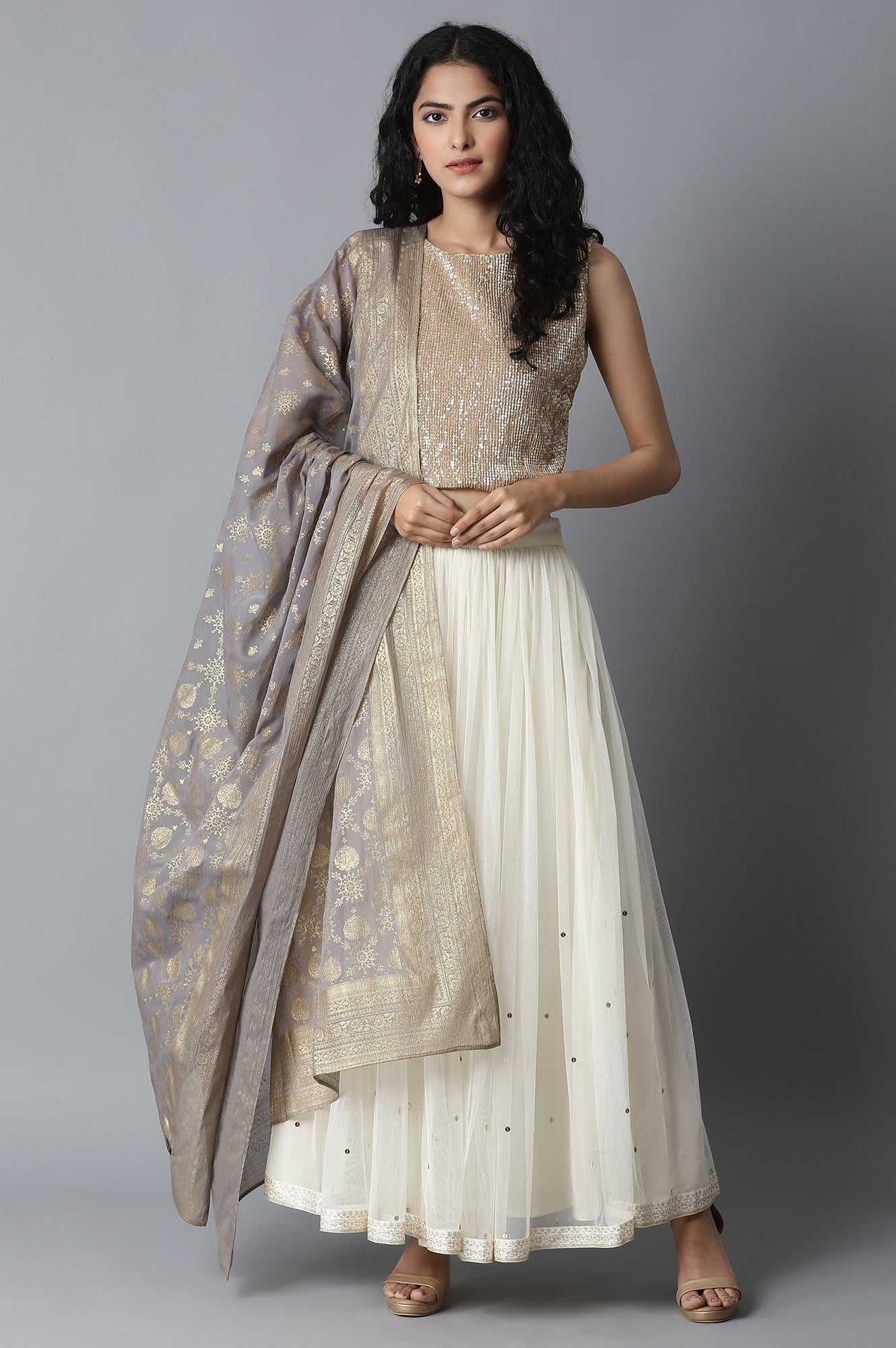 Grey Printed Chiffon Dupatta