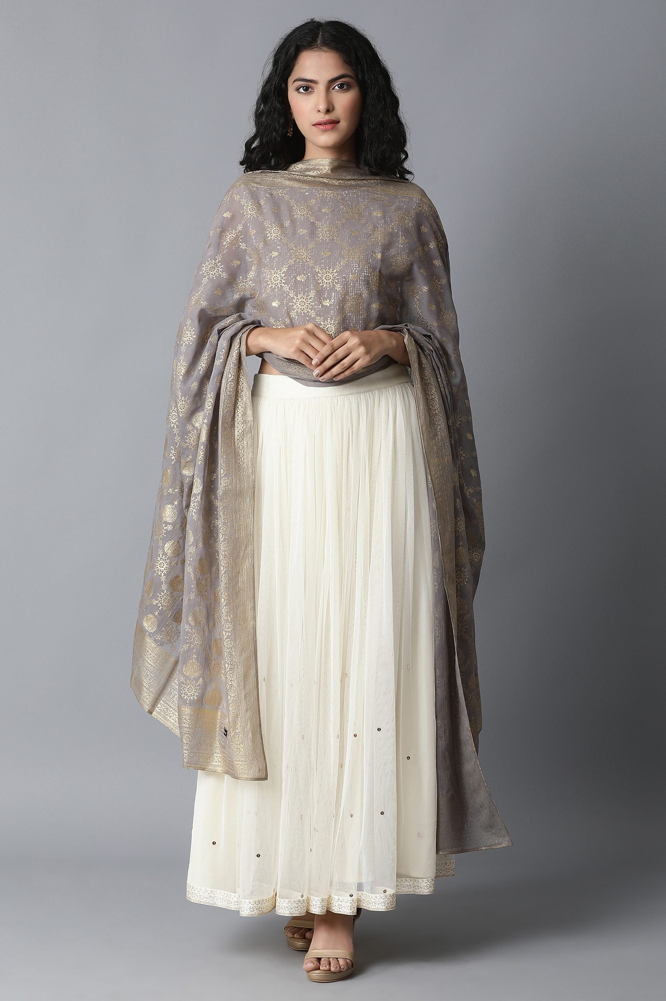 Grey Printed Chiffon Dupatta