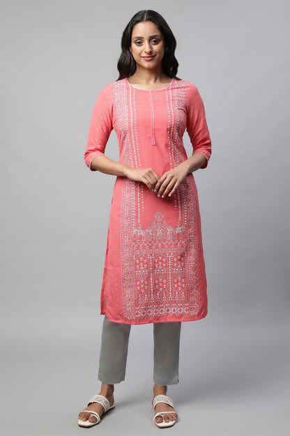 Pink Round Neck Printed Kurta