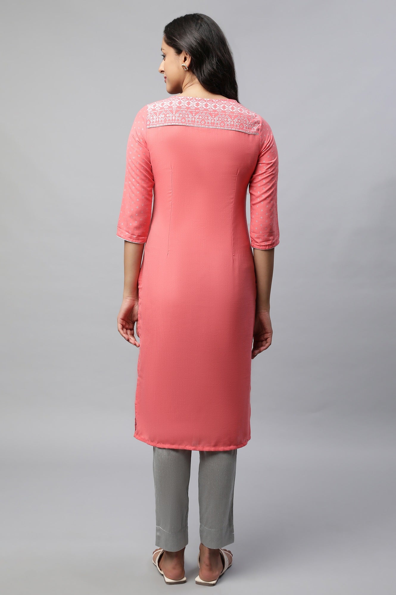 Pink Round Neck Printed Kurta