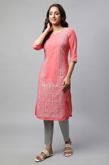 Pink Round Neck Printed Kurta