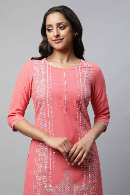 Pink Round Neck Printed Kurta