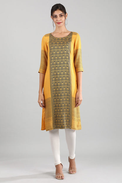 Yellow Round Neck Yarn-dyed Liva kurta