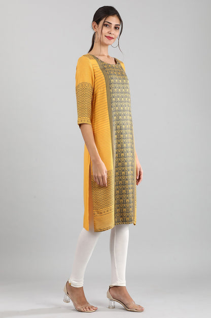 Yellow Round Neck Yarn-dyed Liva kurta