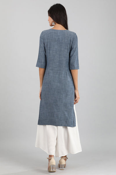 Blue Round Neck Yarn-dyed kurta