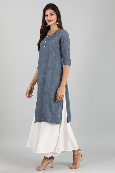 Blue Round Neck Yarn-dyed kurta