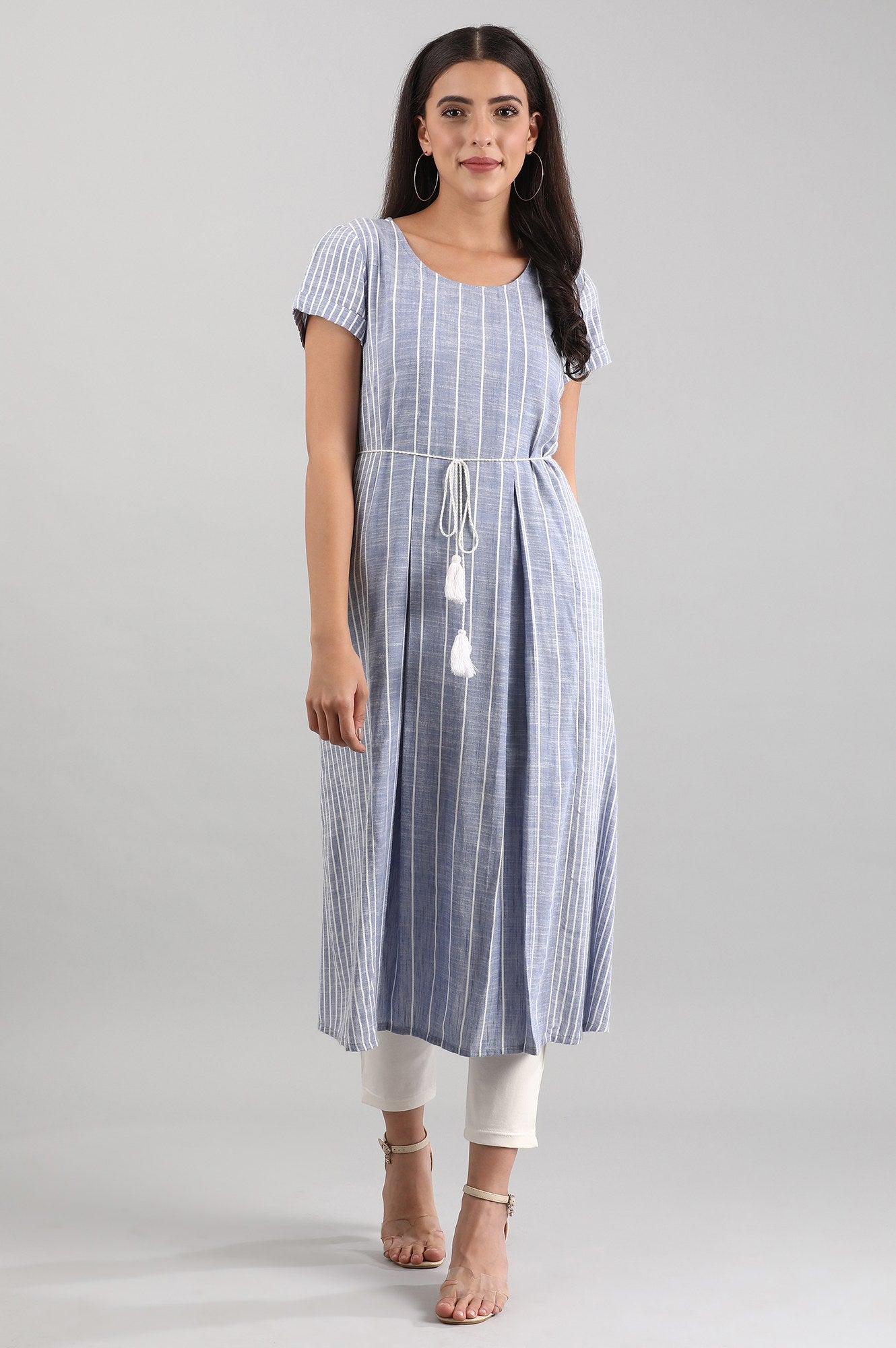 Blue Round Neck Striped Liva kurta