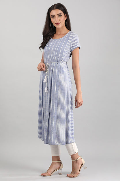 Blue Round Neck Striped Liva kurta