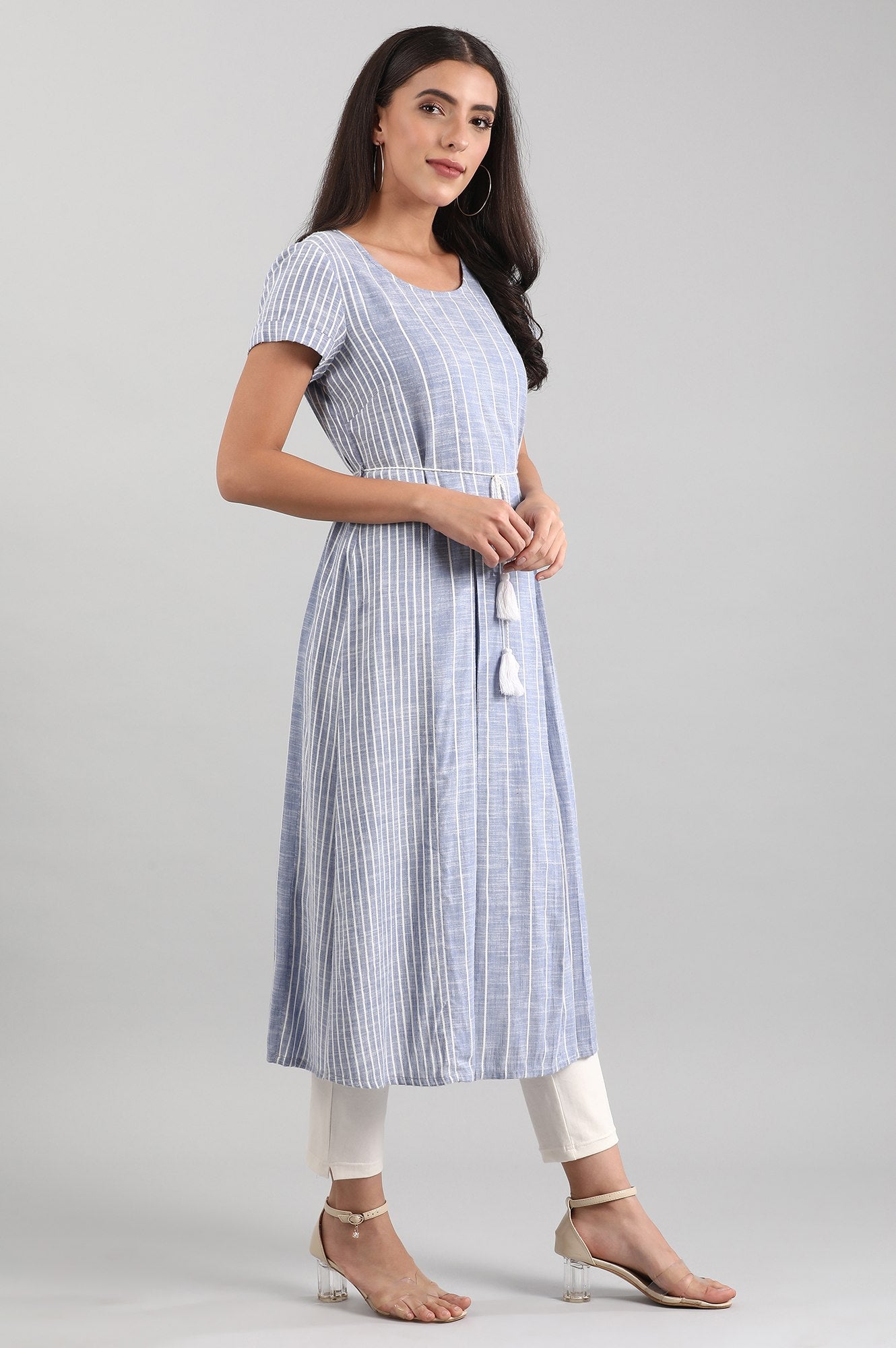 Blue Round Neck Striped Liva kurta