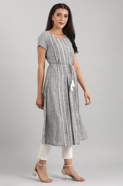 Black Round Neck Striped Liva kurta