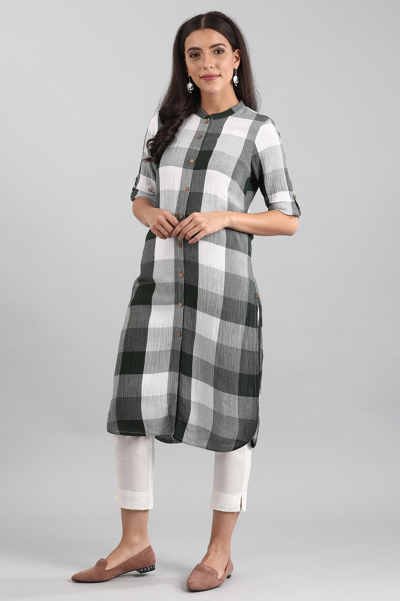 Dark Green Band Collar Yarn-dyed kurta