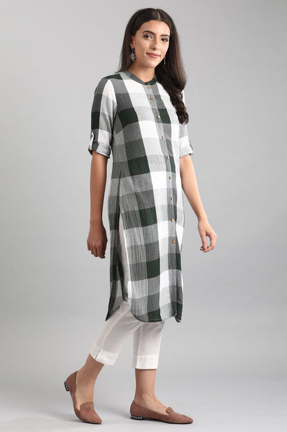 Dark Green Band Collar Yarn-dyed kurta