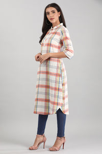 White &amp; Orange Shirt Collar kurta