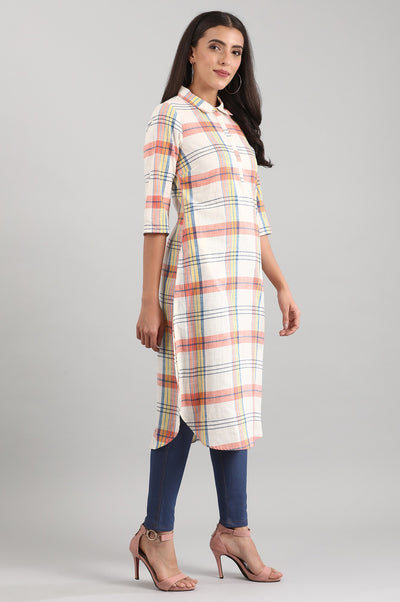 White & Orange Shirt Collar kurta