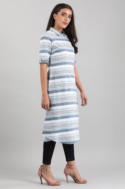 Blue & White Shirt Collar kurta