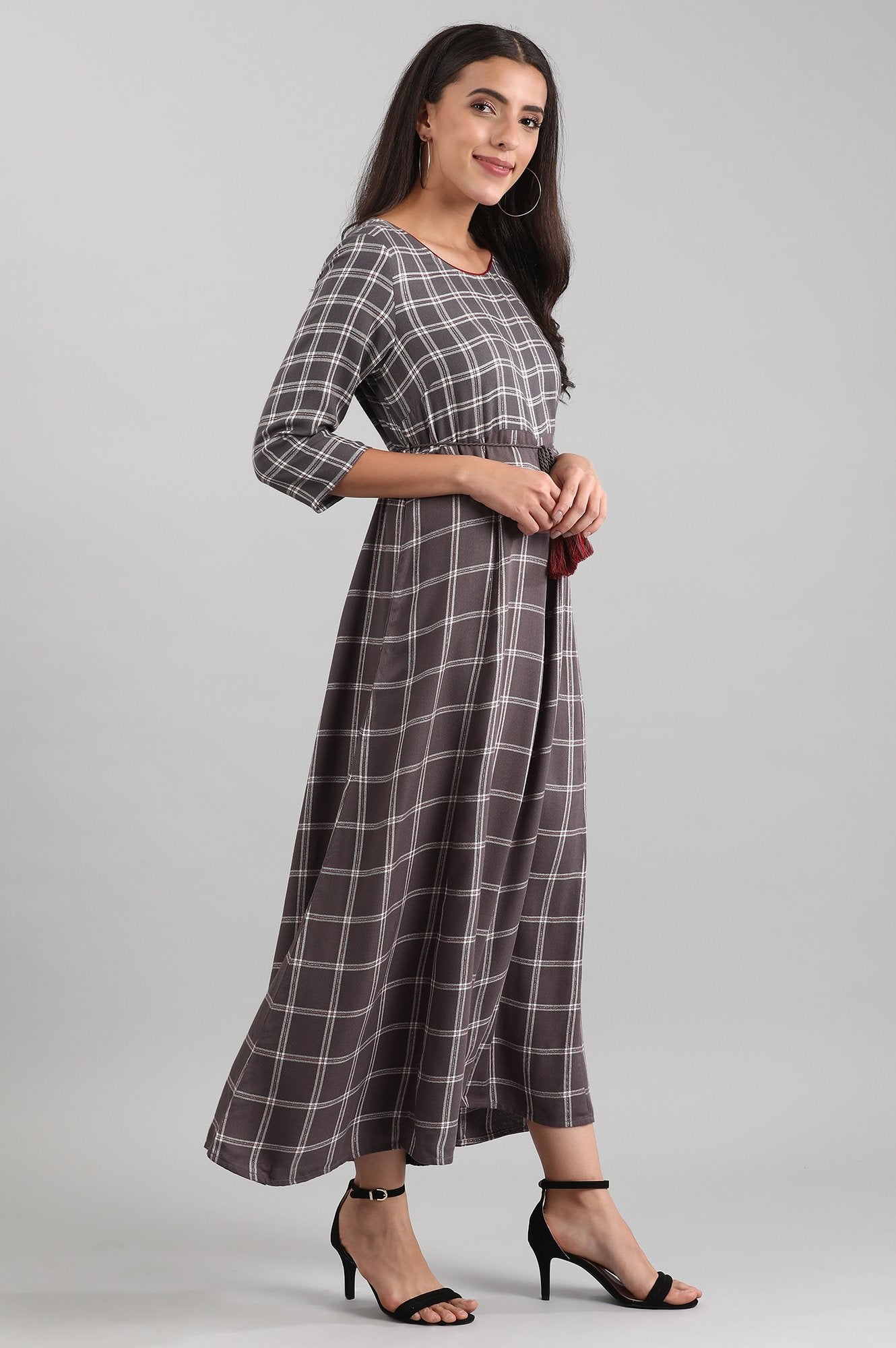 Grey Round Neck Checkered Liva Jumpsuit