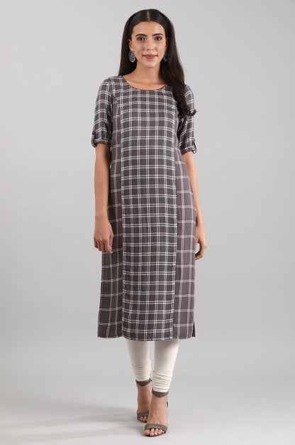 Grey Round Neck Yarn-dyed Liva kurta