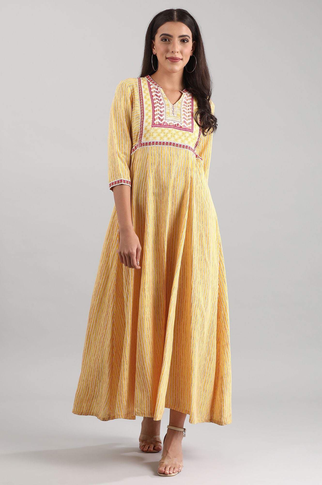 Yellow Round Neck Printed Liva Dress