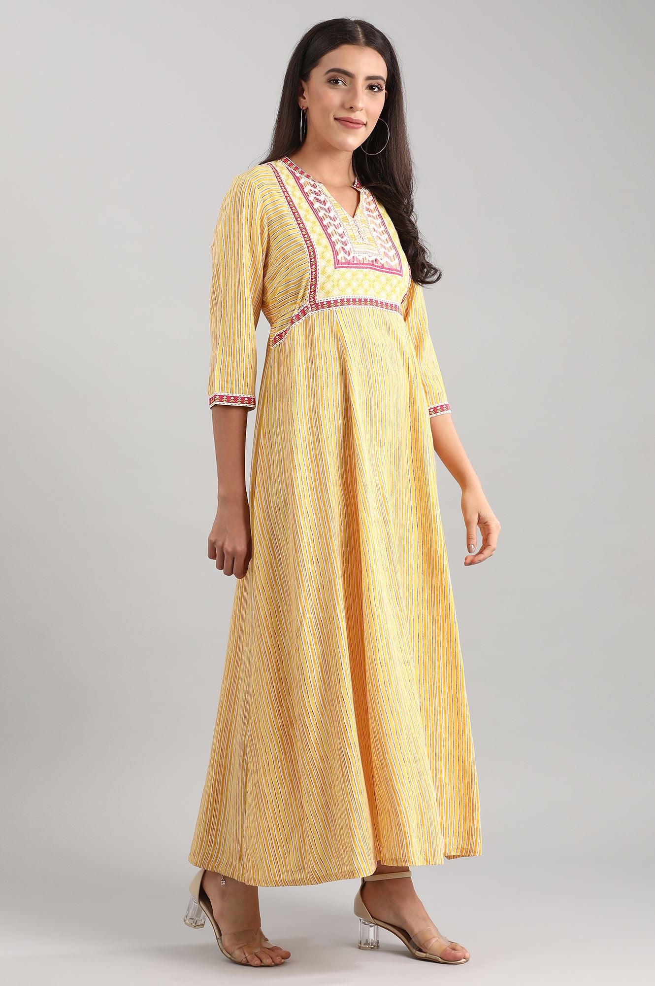 Yellow Round Neck Printed Liva Dress