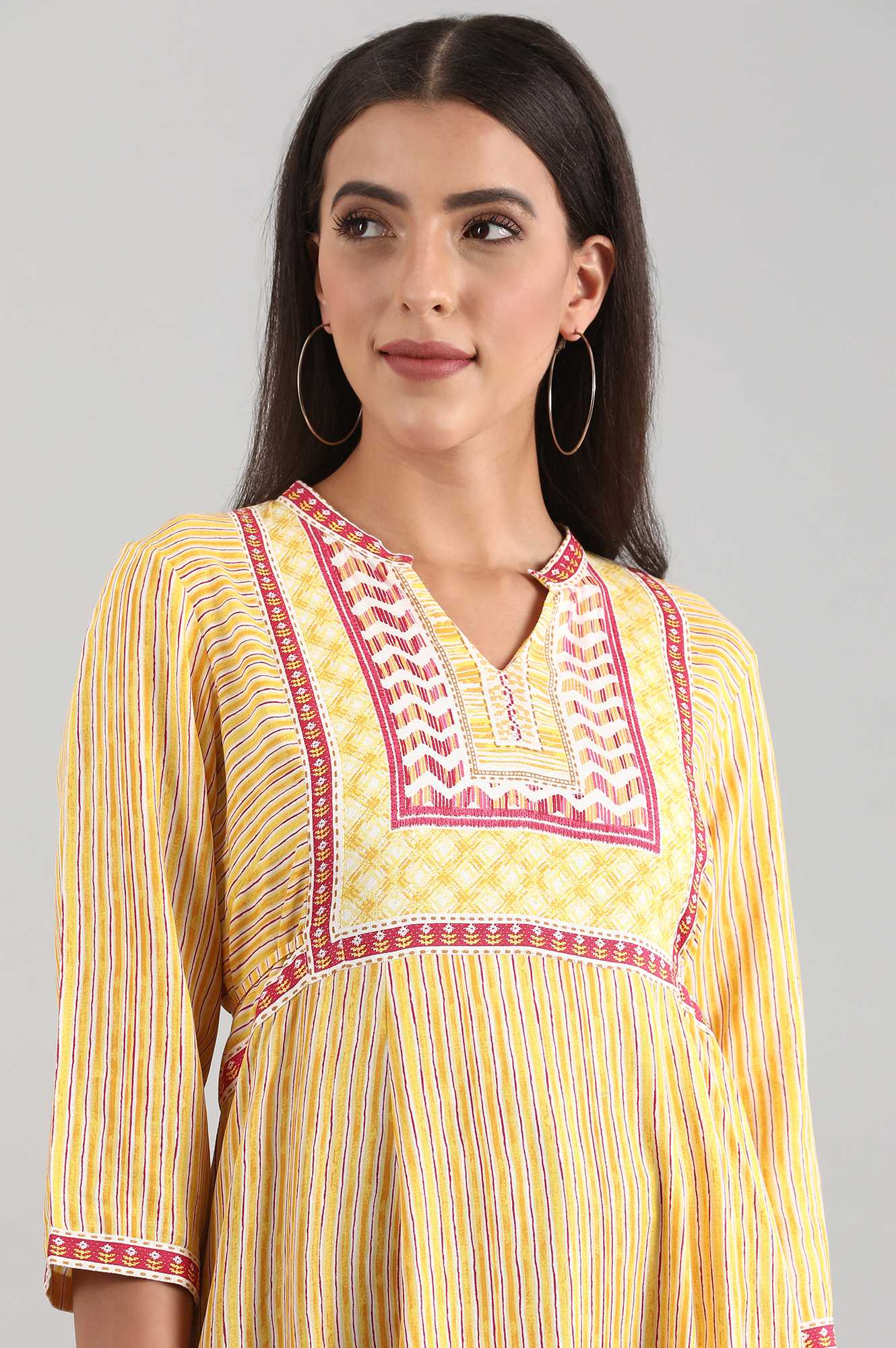 Yellow Round Neck Printed Liva Dress