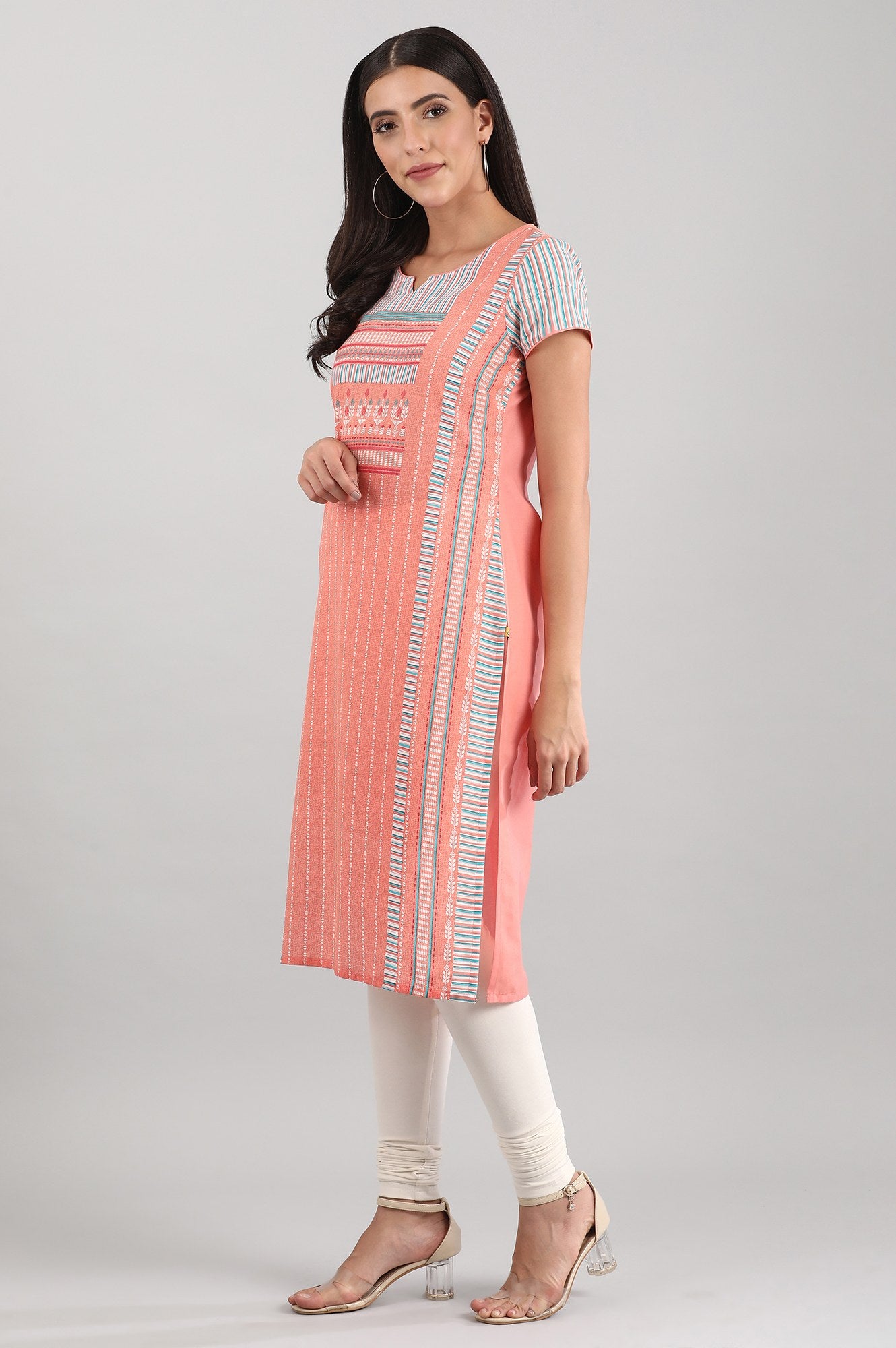 Orange Round Neck Printed kurta