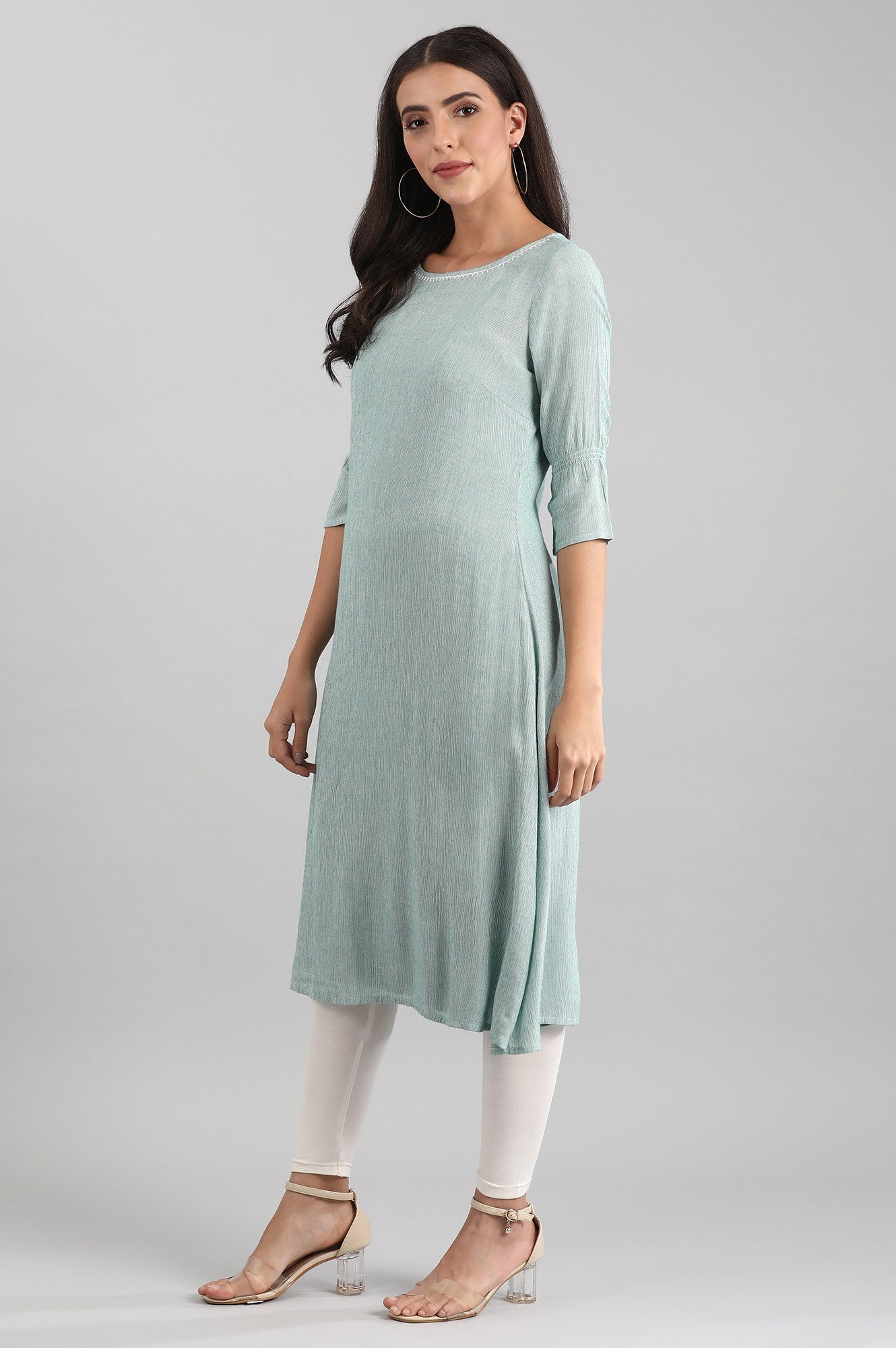 Green Round Neck Yarn-dyed Liva kurta