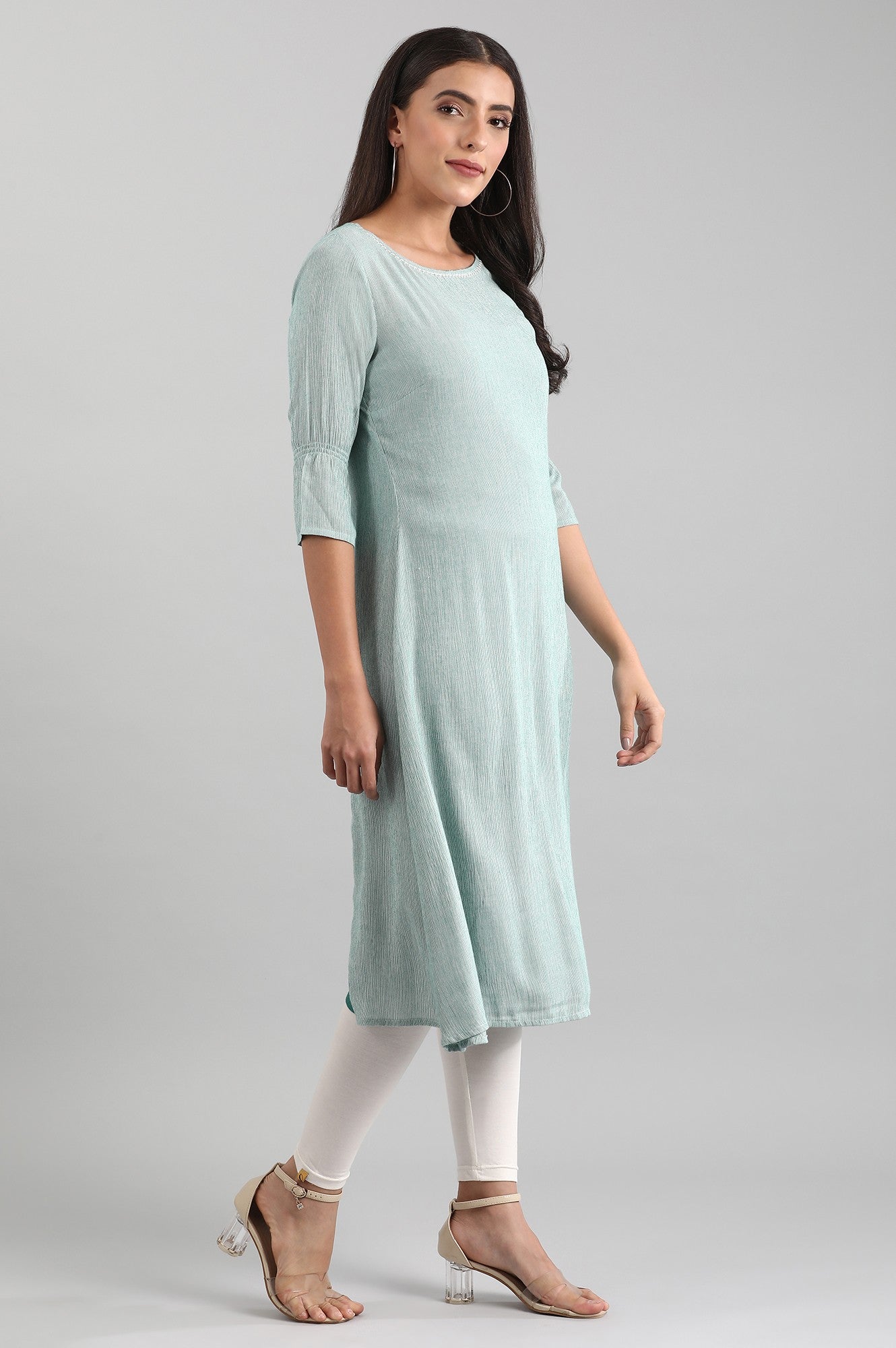 Green Round Neck Yarn-dyed Liva kurta