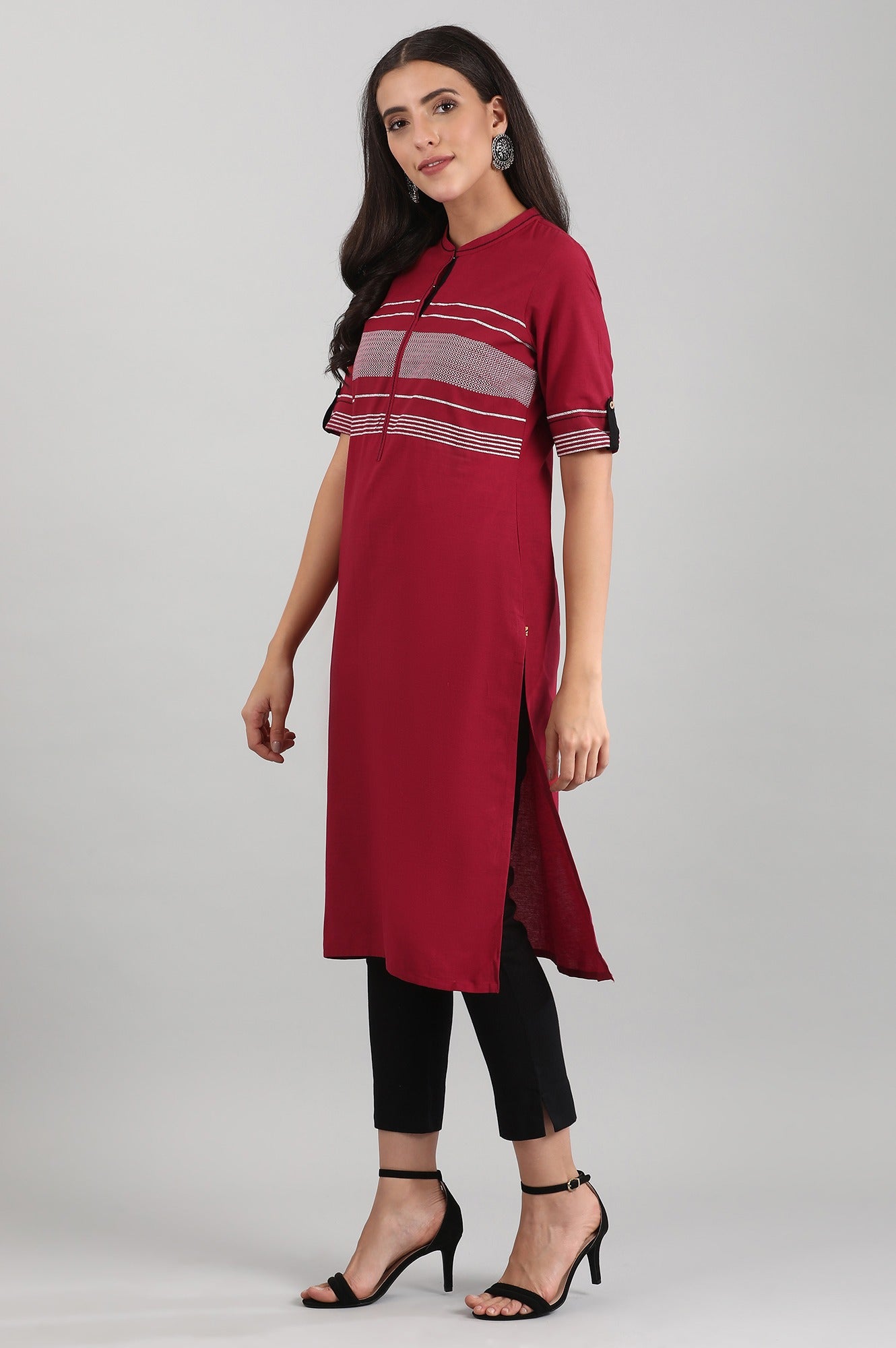 Red Band Collar Printed kurta