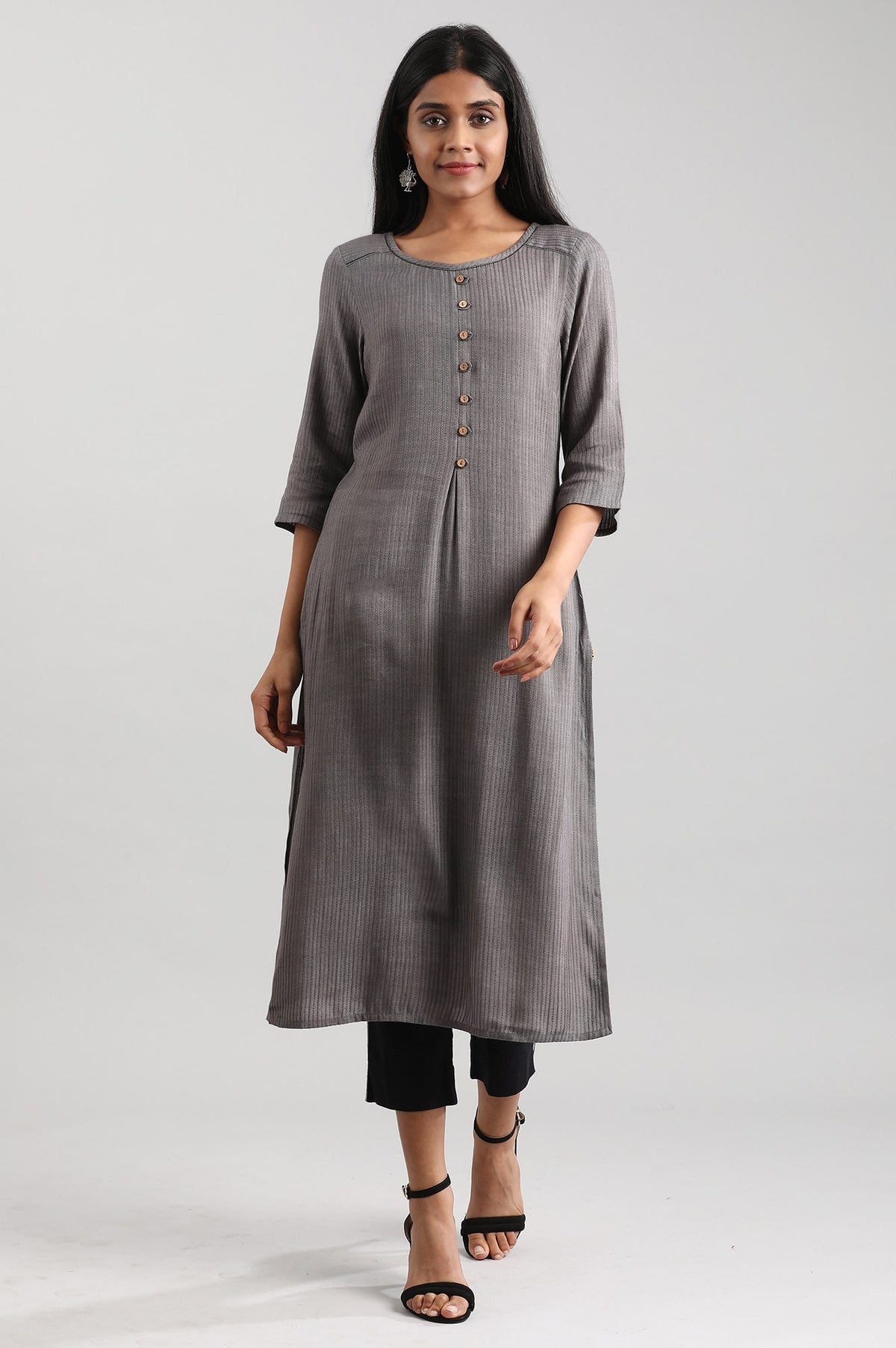 Grey Round Neck A-line Liva kurta - XS