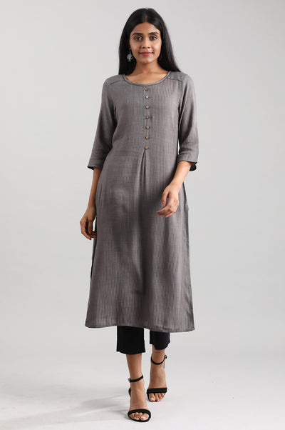 Grey Round Neck A-line Liva kurta