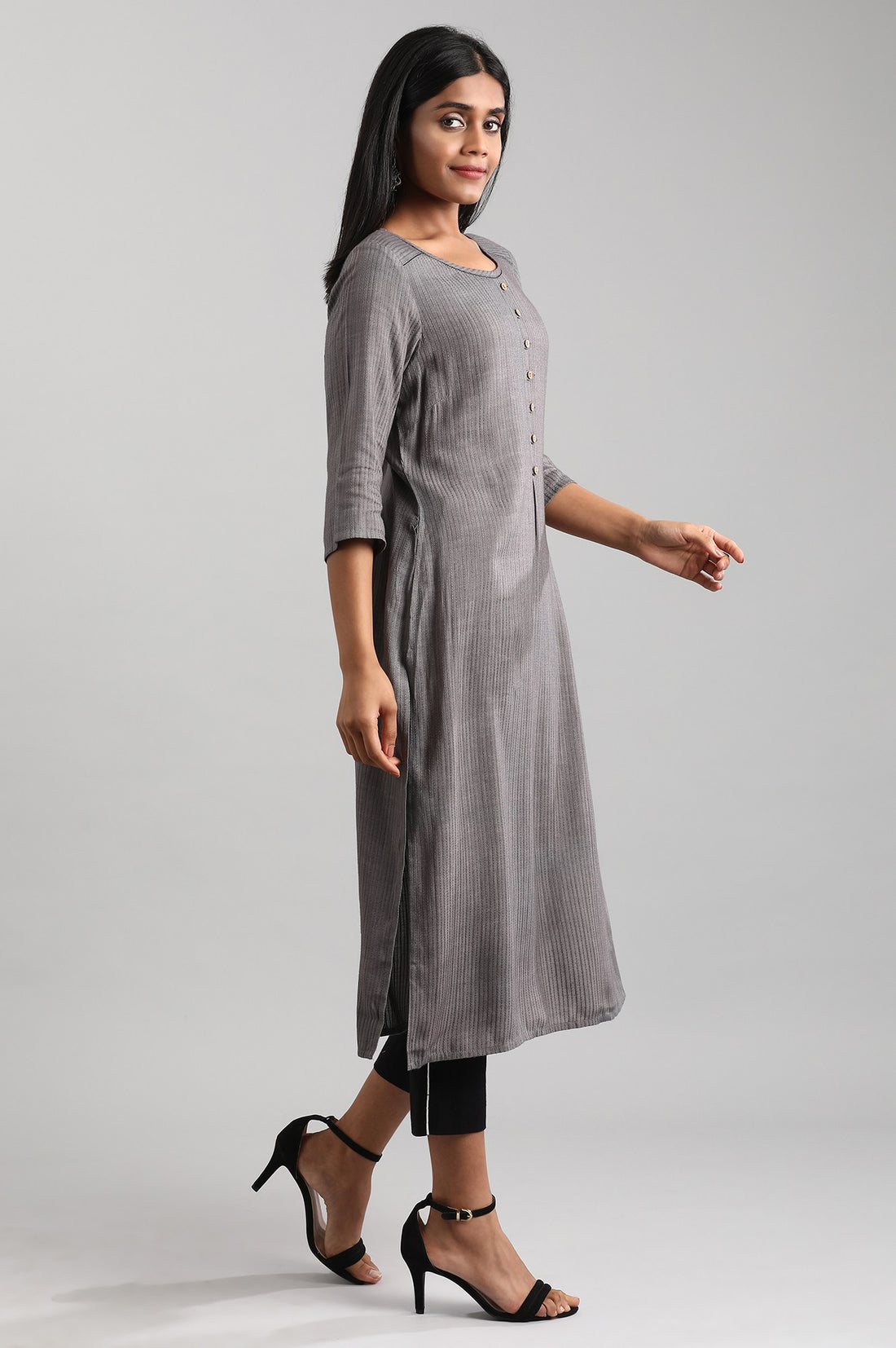 Grey Round Neck A-line Liva kurta