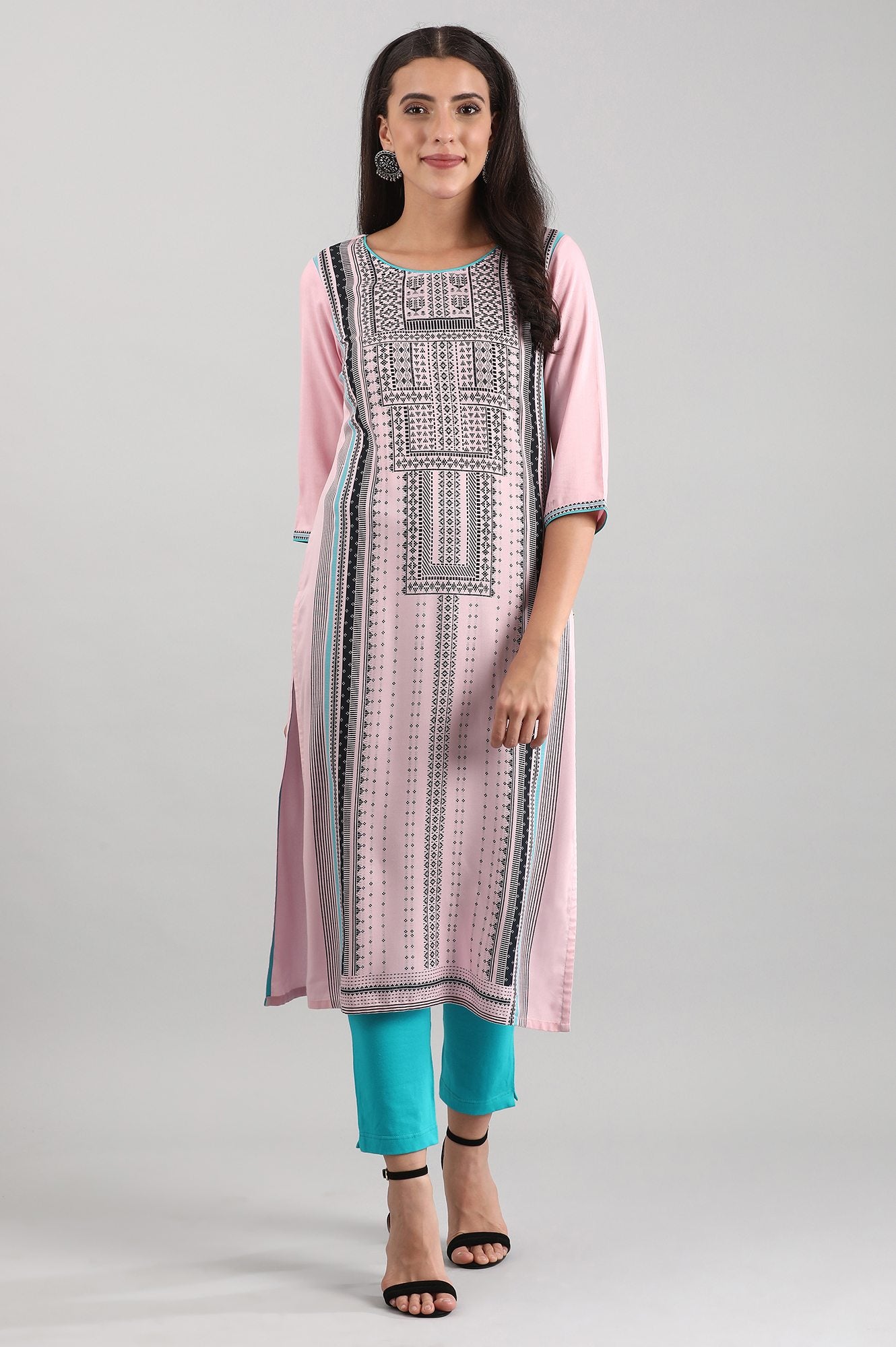 Pink Round Neck Printed Liva kurta