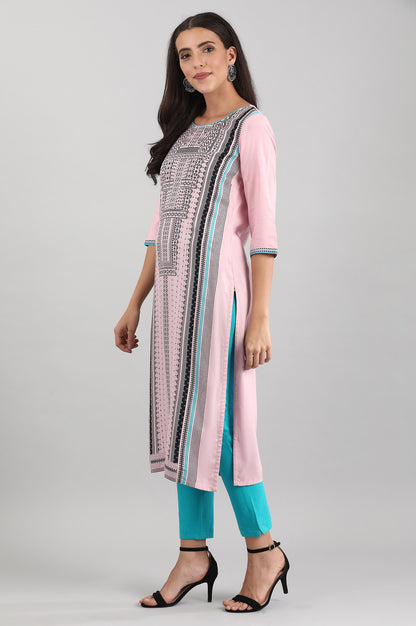 Pink Round Neck Printed Liva kurta