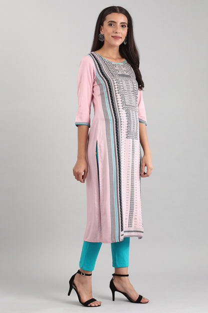 Pink Round Neck Printed Liva kurta