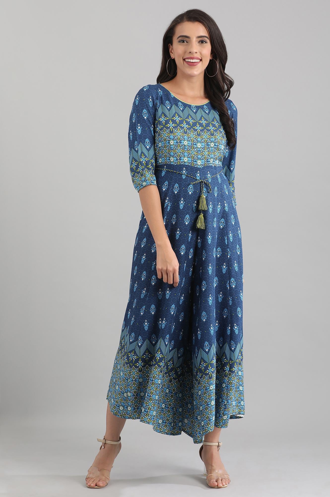 Blue Round Neck Printed Liva Jumpsuit