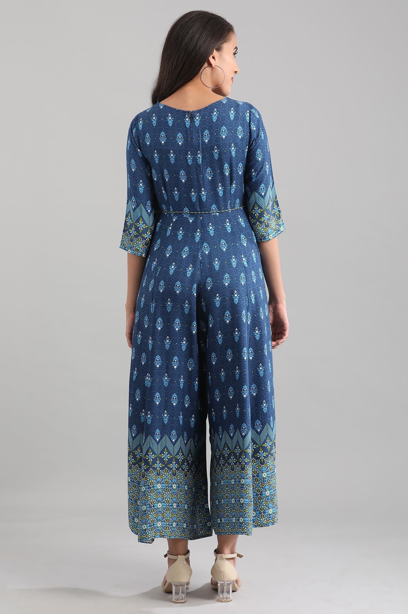 Blue Round Neck Printed Liva Jumpsuit