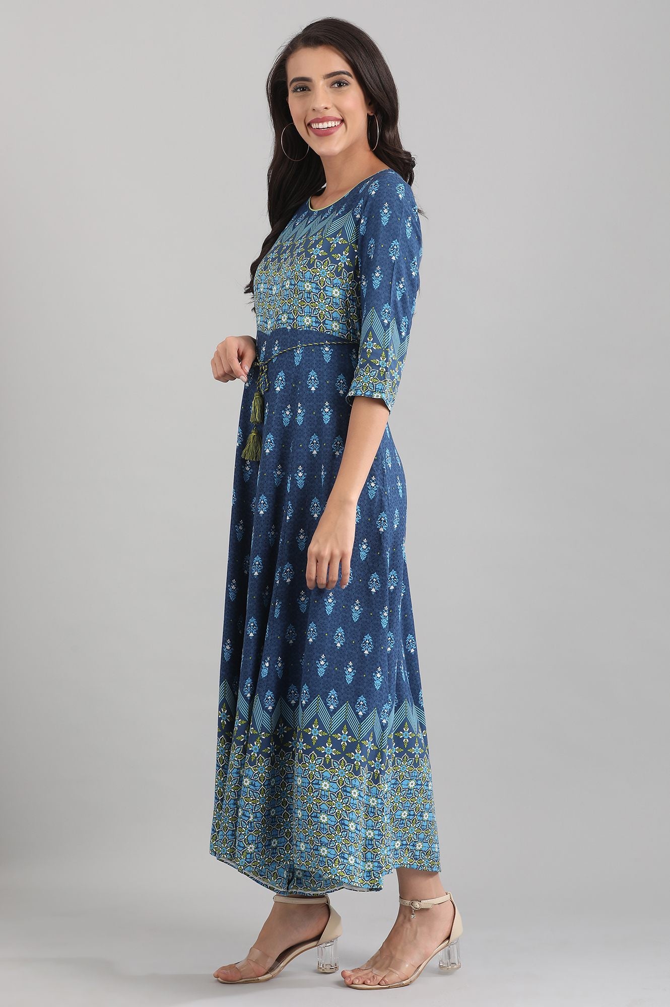 Blue Round Neck Printed Liva Jumpsuit