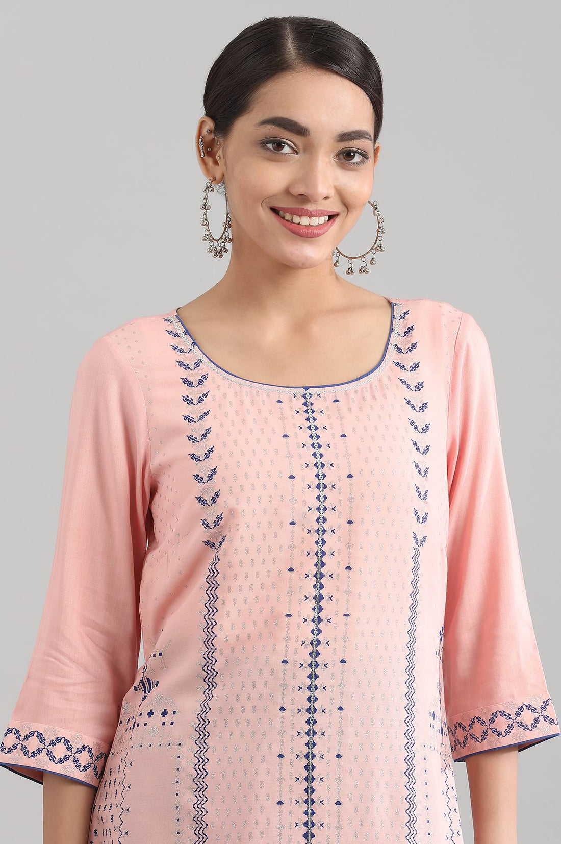 Pink Round Neck Printed Liva kurta