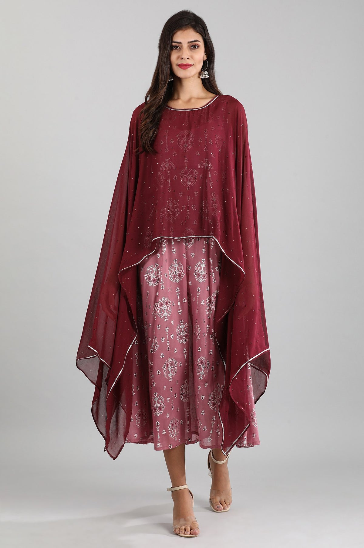 Mauve Round Neck Cape Sleeves Dress - XS
