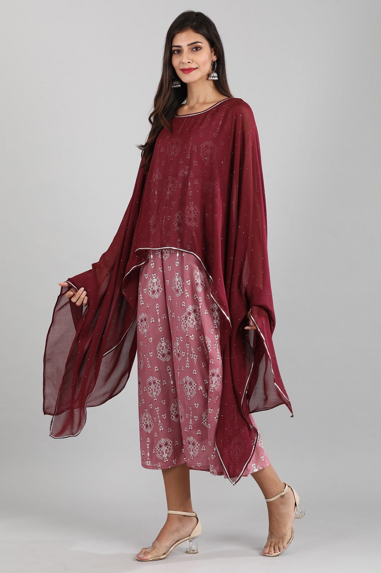 Mauve Round Neck Cape Sleeves Dress