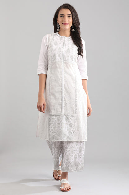 White Straight Ethnic kurta in Band Collar